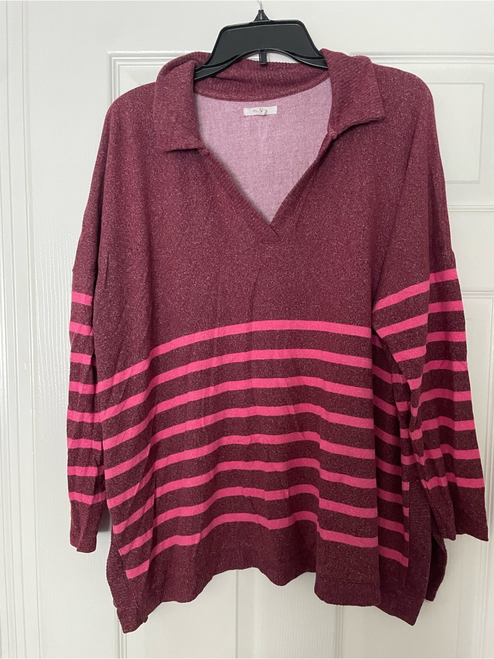 Maurices Maroon V-Neck Sweater with Pink Stripes